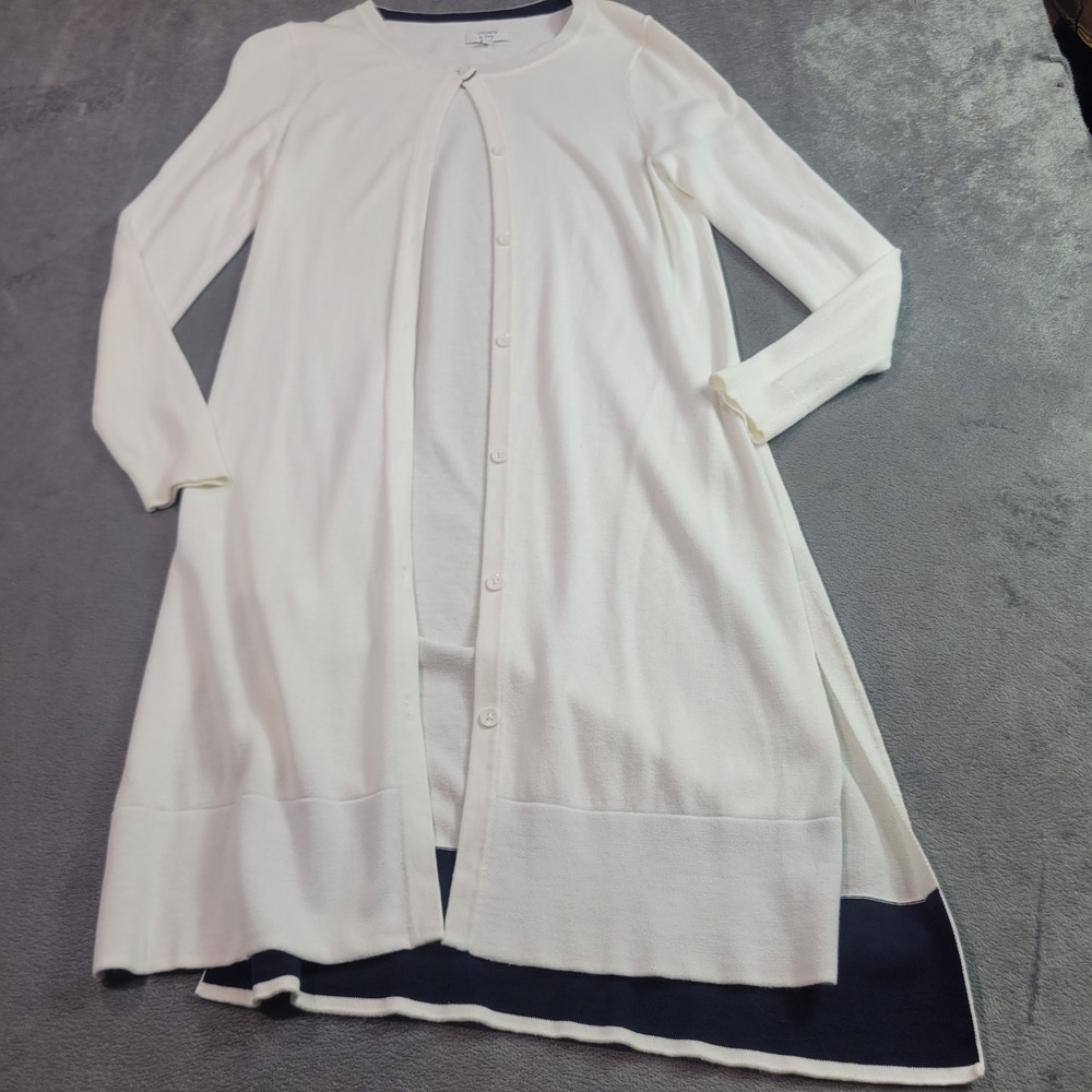 Crown & Ivy Cardigan Women S White Longline Button Front Duster Navy Trim Cotton